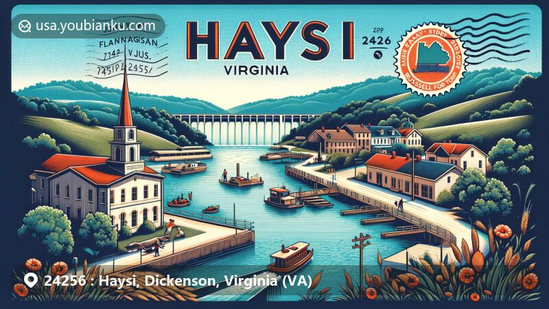 Vintage postcard-style illustration of Haysi, Virginia, Dickenson County, showcasing John W. Flannagan Dam, Russell Fork River, and local folklore about town's name origin, featuring ZIP code 24256, with stamp and postmark design.
