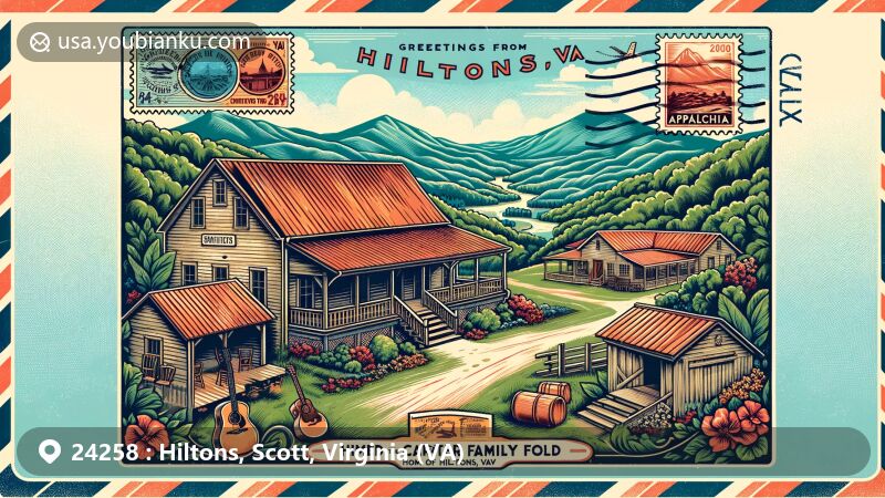 Vibrant postcard illustration of Hiltons, Virginia, showcasing Carter Family Fold with Appalachian Mountains in the background, featuring vintage postal theme with air mail envelope, stamp, and postmark.