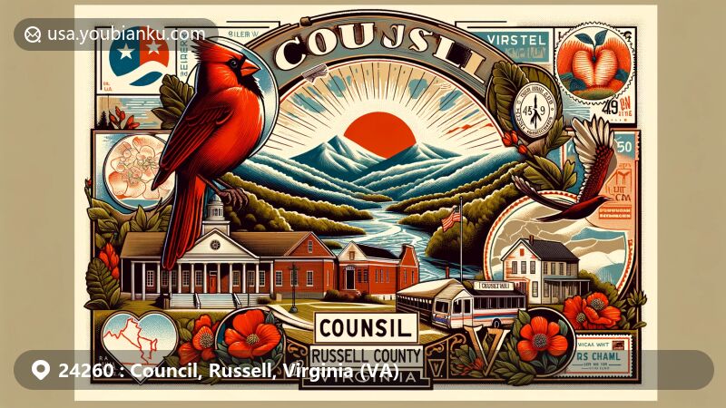 Modern illustration of Council, Russell County, Virginia, showcasing postal theme with ZIP code 24260, featuring Beartown Mountain and Virginia state symbols.