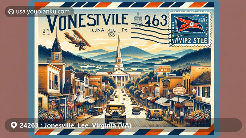 Modern illustration of Jonesville, Lee County, Virginia, showcasing postal theme with ZIP code 24263, featuring historic essence and local attractions like Festival of Flowers on Main Street.