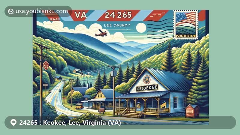 Modern illustration of Keokee, Lee County, Virginia, capturing the scenic beauty of ZIP code 24265, featuring the Appalachian mountains, Keokee Store No. 1, and Virginia state flag.