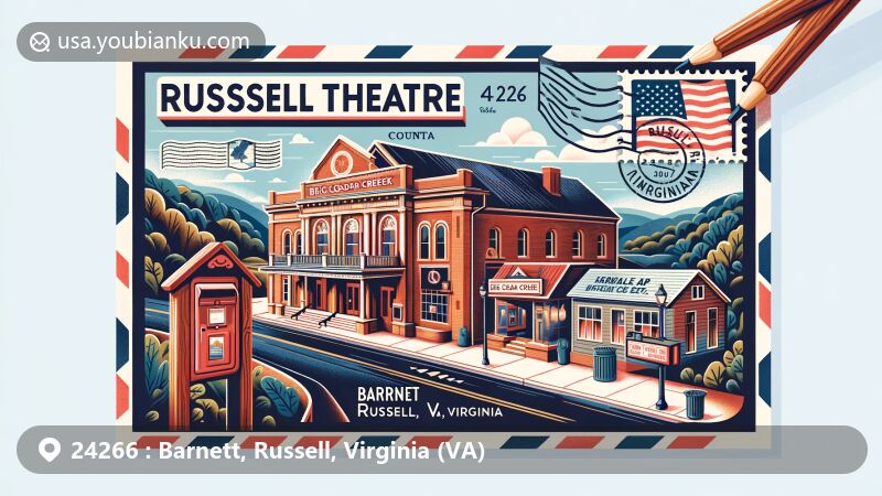 Modern illustration of Barnett, Russell, Virginia, highlighting Russell Theatre and Big Cedar Creek, with elements of postcard design and Virginia state flag stamp.