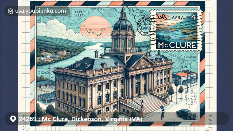 Modern illustration of Mc Clure, Dickenson County, Virginia, featuring airmail envelope with stamp showcasing McClure River scenery and Dickenson County Courthouse, highlighting postal theme with 24269 area map outline.