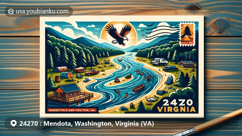 Modern illustration of Mendota, Virginia, capturing the beauty of Holston River and Blue Ridge Mountains. Includes postal theme with ZIP code 24270, featuring soaring eagle symbolizing 'Hawk Capital of the World'. Design integrates outdoor activities like fishing, camping, hiking, and a quaint general store.