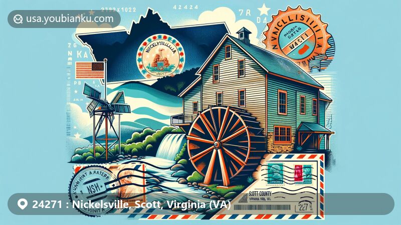 Modern illustration of Bush Mill in Nickelsville, Virginia, with Scott County outline and Virginia state flag, featuring vintage postcard, airmail envelope, stamps, postmark, and ZIP code 24271.