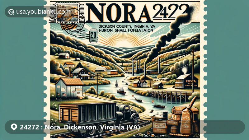 Modern illustration of Nora, Dickenson County, Virginia, highlighting ZIP code 24272 area with scenic McClure River view, coal mining history, and natural gas production surge, featuring vintage postcard elements and postal theme.