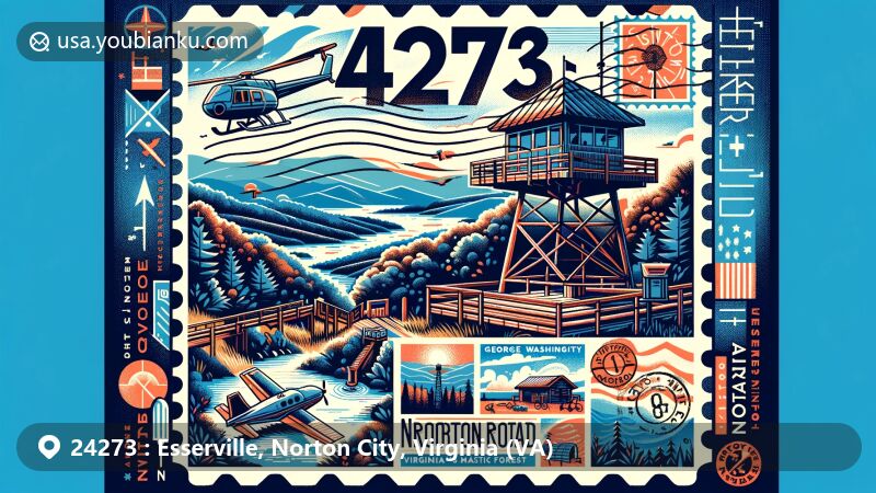 Modern illustration of Esserville, Norton, Virginia, showcasing natural beauty and cultural richness, featuring High Knob Observation Tower, George Washington and Jefferson National Forests, hiking and biking trails, and local music heritage.