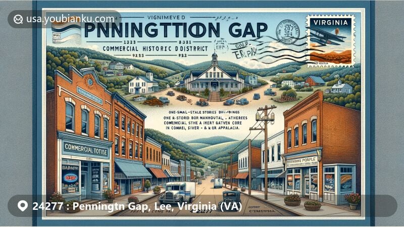 Modern illustration of Pennington Gap Commercial Historic District in Virginia, showcasing small-town commercial core with masonry buildings, movie theater, and vintage postal theme with ZIP code 24277, featuring Powell River Valley and region's coal and timber history.