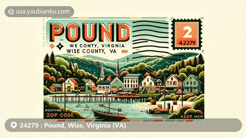 Modern illustration of Pound, Wise County, Virginia, highlighting ZIP code 24279, capturing the town's Appalachian Mountain setting, community spirit, and outdoor lifestyle.