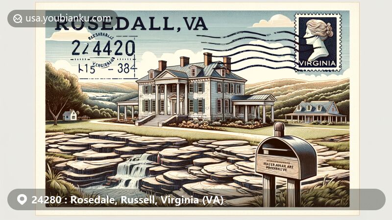 Modern illustration of Rosedale, Virginia, with ZIP code 24280, featuring Smithfield home and farm in Greek Revival style, The Channels Natural Area Preserve with unique eroded crevices and sandstone boulders, and Virginia's lush green landscape.