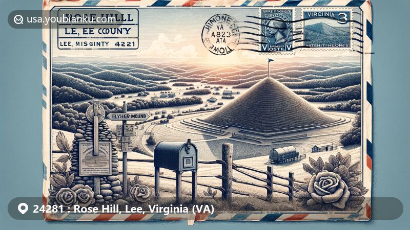 Modern illustration of Rose Hill, Lee County, Virginia, featuring Ely Mound and Martin's Station on a vintage air mail envelope, highlighting cultural heritage and historical significance.