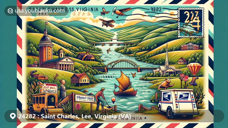 Modern illustration of Saint Charles, Lee County, Virginia, celebrating ZIP code 24282 with regional and postal theme, featuring rugged hills, Straight Creek, and Powell River watershed, incorporating Virginia state symbols.
