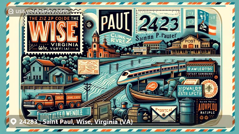 Modern illustration of Saint Paul, Wise County, Virginia, featuring a blend of regional characteristics and postal themes, highlighting Clinch River, Oxbow Lake, Wetlands Estonoa project, and a railroad museum.
