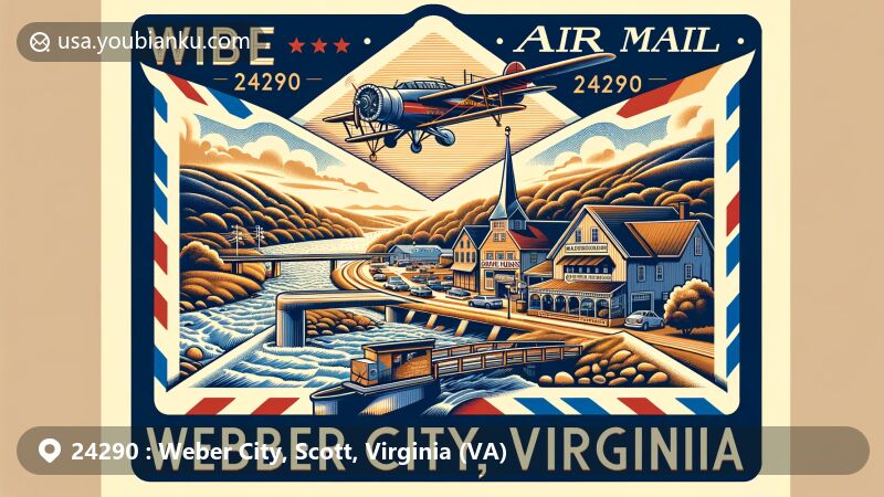 Modern illustration of Weber City, Scott County, Virginia, representing ZIP code 24290 with air mail envelope showcasing Holston River and Gasthaus Edelweiss, blending historical challenges and cultural influences.