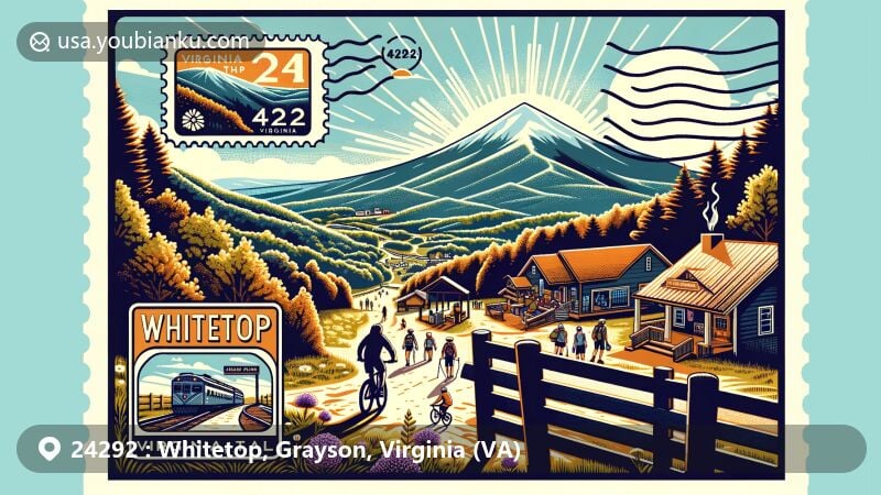 Modern illustration of Whitetop, Virginia, featuring iconic Whitetop Mountain, Virginia Creeper Trail with biking enthusiasts, and Railroad Market & Cafe, framed with postal theme and ZIP code 24292.