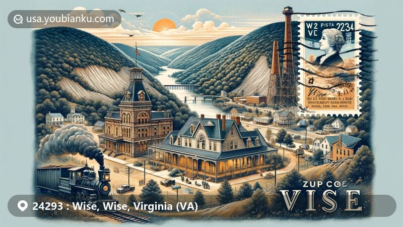 Modern illustration of Wise, Wise County, Virginia, featuring natural beauty and historic essence, showcasing scenic mountainous landscape on the Appalachian Plateau and coal mining heritage in Plateau sandstone layers, with the Inn at Wise as a colonial-revival landmark and postal elements like a vintage airmail envelope with stamps and postmark for ZIP code 24293.