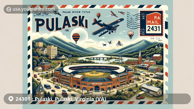 Modern illustration of Pulaski, Virginia, showcasing Calfee Park and the Blue Ridge Mountains, with a vintage air mail envelope featuring ZIP code 24301 and nods to outdoor activities and local flora. Postal-themed design invites exploration of Pulaski's charm and heritage.