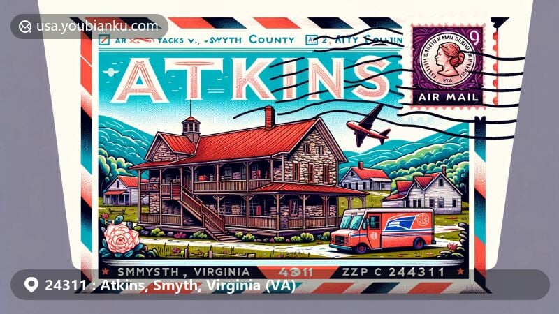 Modern illustration of Atkins, Smyth County, Virginia, showcasing postal theme with ZIP code 24311, featuring Old Stone Tavern, Atkins Tank, and scenic mountain views.