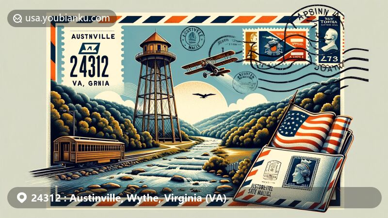Modern illustration of Austinville, Wythe County, Virginia, representing ZIP code 24312, featuring Shot Tower Historical State Park, vintage air mail envelope design with stamps and postmark, and Virginia state flag.
