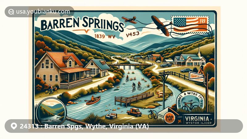 Modern illustration of Barren Springs, Virginia, showcasing postal theme with ZIP code 24313, capturing essence of small, friendly community in Wythe County, highlighting natural beauty of New River, including mountains and hills.