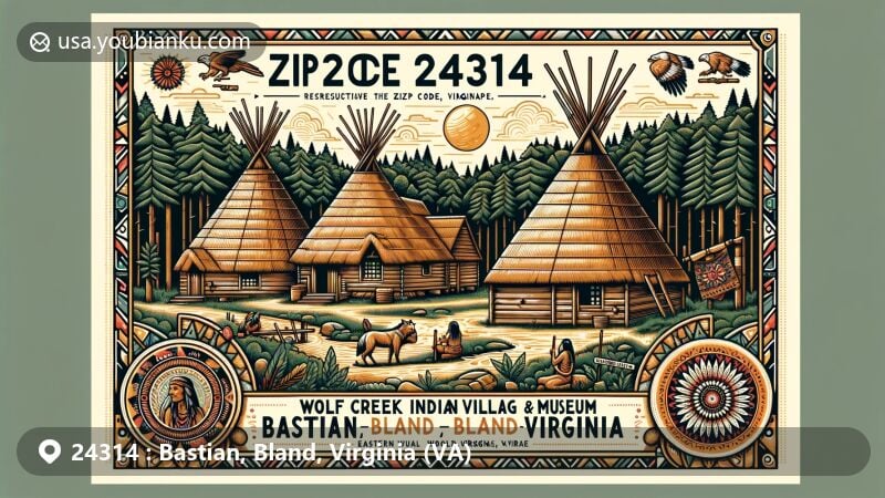 Modern illustration of Bastian, Bland, Virginia, showcasing postcard design with ZIP code 24314, emphasizing Wolf Creek Indian Village & Museum and the life of Eastern Woodland Indians.