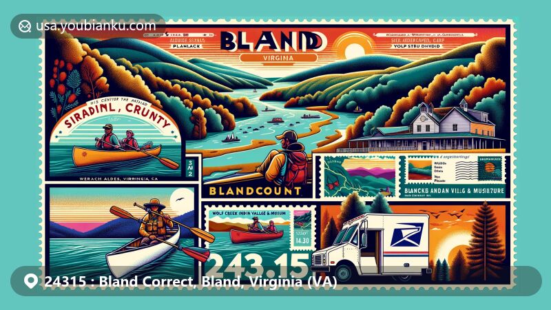 Modern illustration of Bland, Bland County, Virginia, with ZIP code 24315, blending natural beauty and historical landmarks. Features rivers, lakes, the Appalachian Trail, and Wolf Creek Indian Village & Museum for a unique portrayal.