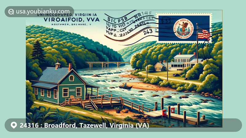 Modern illustration of Broadford, Virginia, depicting serene setting along Laurel Creek with Virginia state flag, vintage postcard theme, and '24316' ZIP code.