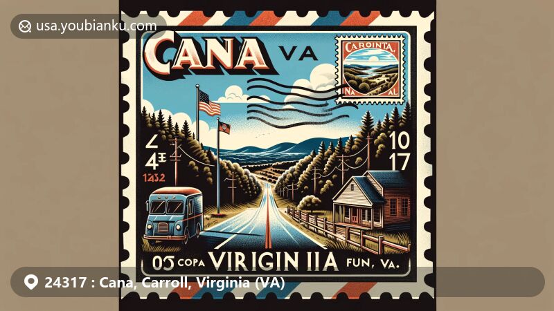 Modern illustration of Cana, Virginia, showcasing postal theme with ZIP code 24317, featuring scenic roadside view near North Carolina state line and Virginia state flag.