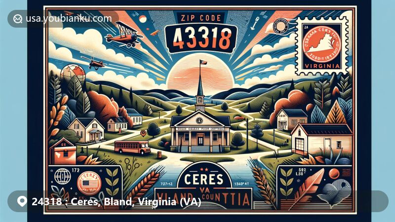 Modern illustration of Ceres, Bland County, Virginia, depicting ZIP code 24318 with a postcard-style design featuring the Ceres Post Office, symbolic county and state outlines, natural elements, and vintage stamp.