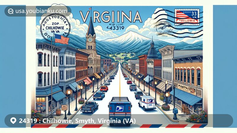 Modern illustration of Chilhowie, Virginia, with ZIP code 24319, showcasing Downtown Chilhowie Historic District and natural beauty, featuring vintage postal elements and a classic postal truck.
