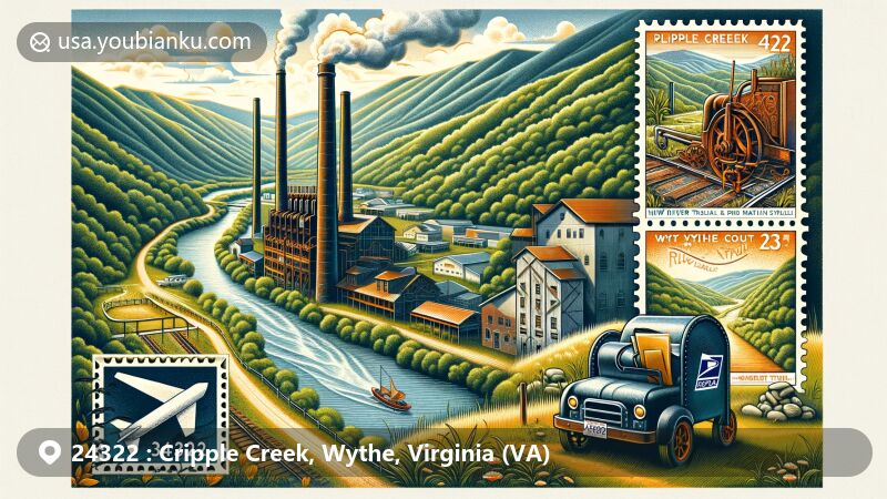 Modern illustration of the Cripple Creek area in Wythe County, Virginia, featuring postcard with iron furnaces and natural landscape, decorative stamp with ZIP Code 24322, classic mailbox, mail truck, and New River Trail backdrop.
