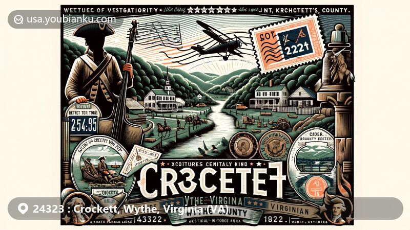 Modern illustration of Crockett, Wythe County, Virginia, showcasing local landmarks and symbols, including Crockett's Cove and historical markers related to the Crockett family's history, highlighting Revolutionary War veterans like Lt. John Crockett, Sr., and Lt. Col. Robert Sayers, with postal theme elements and prominently displayed ZIP code 24323.