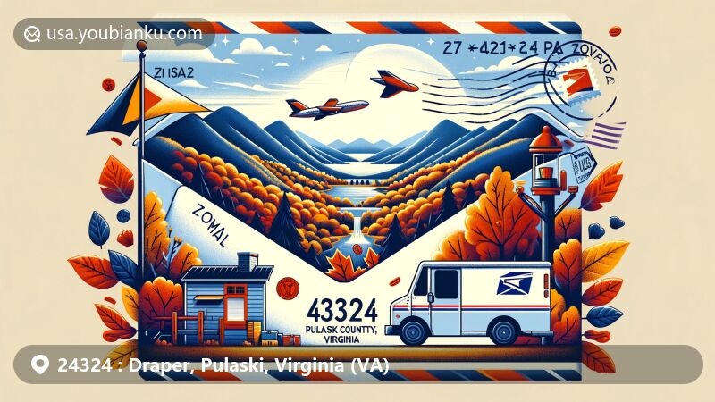 Modern illustration of Draper, Pulaski County, Virginia, with ZIP code 24324, showcasing Draper Mountain Overlook and fall scenery, incorporating elements of local postal service like air mail envelope, stamps, and postal truck.