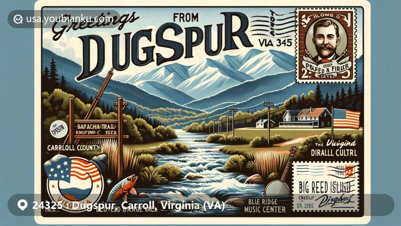 Vintage-style illustration of Dugspur, Carroll County, Virginia, ZIP code 24325, featuring Blue Ridge Mountains, Big Reed Island Creek, and musical symbols, with a modern nostalgic touch.
