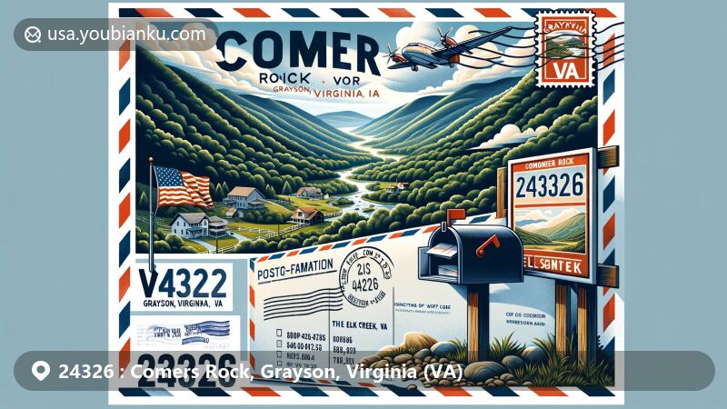 Modern illustration of Comers Rock, Grayson, Virginia, depicting natural landscape with mountains and forests in the background. A postcard features Elk Creek Valley, Comers Rock, and Virginia state flag, along with a traditional mailbox, airmail envelope, and ZIP code 24326 postmark.