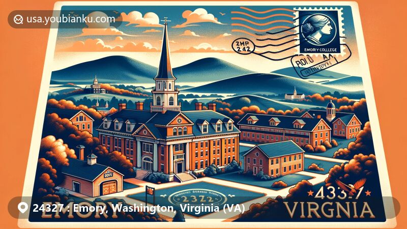 Modern illustration of Emory, Virginia, with Emory and Henry College buildings like Wiley Hall and McGlothlin-Street Hall, set against the backdrop of the Appalachian highlands and vintage postage stamp design.