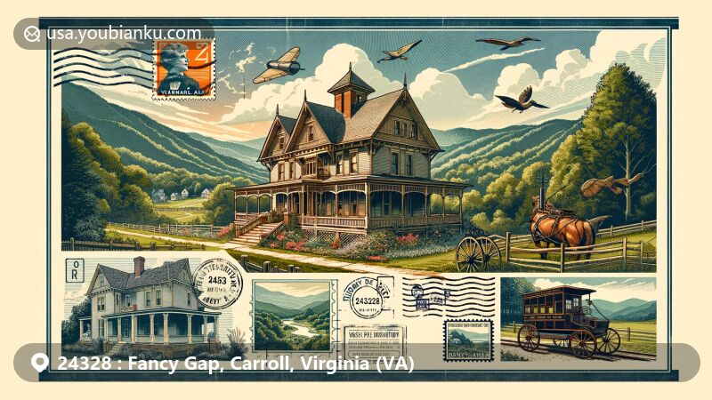 Modern illustration of Fancy Gap, Carroll County, Virginia, featuring the historic J. Sidna Allen Home in Blue Ridge Mountains setting. Vintage postcard layout with ZIP code 24328, highlighting town's postal heritage and natural beauty.