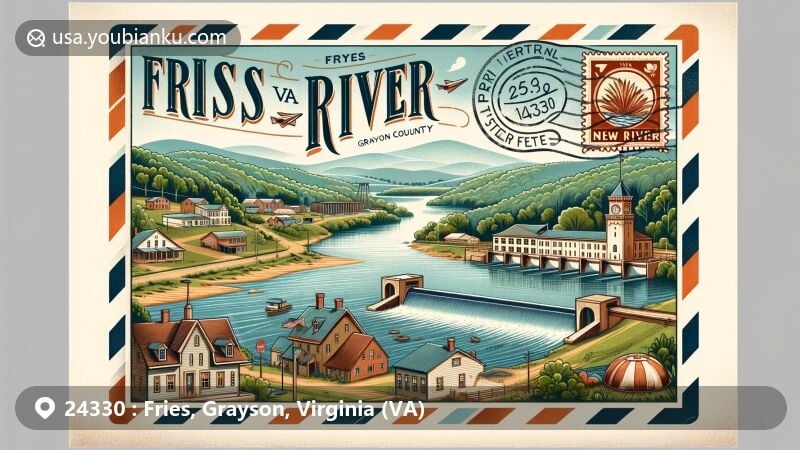 Modern illustration of Fries, Grayson County, Virginia, featuring vintage airmail envelope with postal stamp of New River, highlighting historic dam from early 1900s and New River Trail State Park.