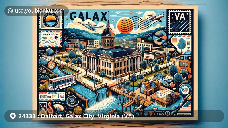 Modern illustration of Galax, Virginia, showcasing postal theme with ZIP code 24333, featuring historical landmarks like the Old Grayson County Courthouse and the Galax Commercial Historic District, highlighting the city's economic progression and natural beauty near the Blue Ridge Parkway.