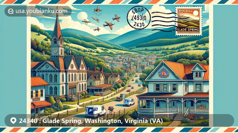 Modern illustration of Glade Spring, Virginia, featuring Glade Spring Commercial Historic District and Brook Hall in ZIP code 24340, highlighting town's history, architecture, and natural beauty.