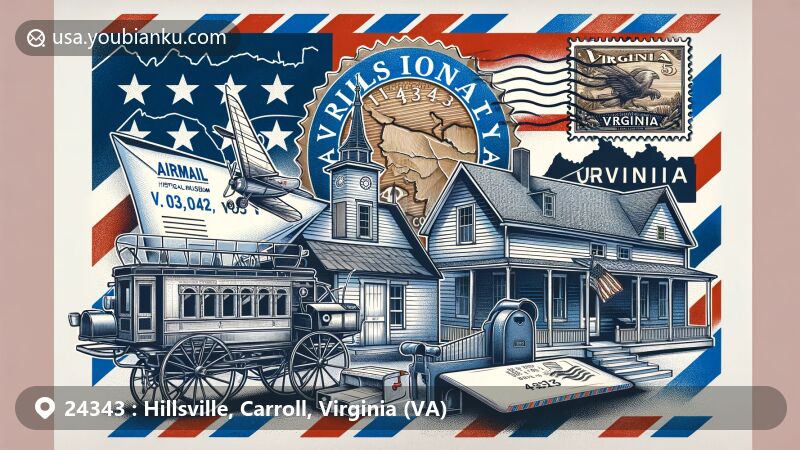 Modern illustration of Hillsville, Carroll County, Virginia, with airmail envelope featuring Carroll County Historical Museum and J. Sidna Allen House, VA state flag, and ZIP Code 24343.
