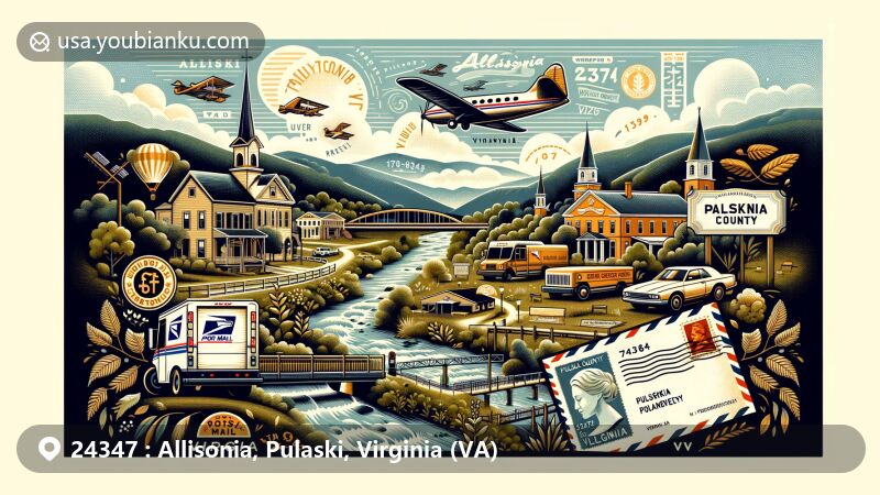 Modern illustration of Allisonia, Pulaski County, Virginia, incorporating scenic beauty and postal theme with ZIP code 24347, featuring air mail elements, postage stamps, and postal truck amidst picturesque landscape.