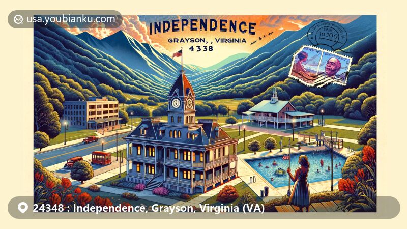 Modern illustration of Independence, Grayson County, Virginia, highlighting the Blue Ridge Mountains, 1908 Grayson County Courthouse, and local leisure activities with a vintage postcard theme.