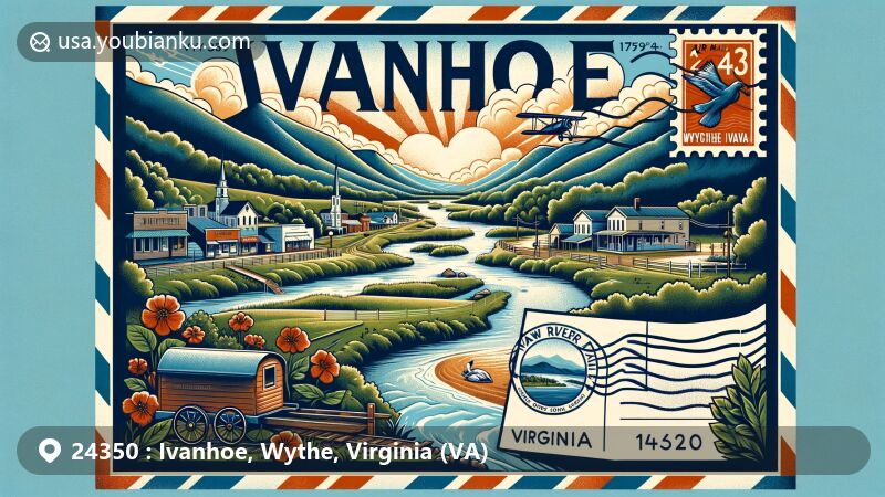 Modern illustration of Ivanhoe, Virginia, with Appalachian Mountains and New River, showcasing postal theme with ZIP code 24350, featuring New River Trail State Park and local cultural symbols.