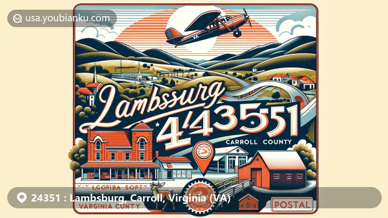 Modern illustration of Lambsburg, Carroll County, Virginia, showcasing postal theme with ZIP code 24351, featuring picturesque landscape, Carroll County map outline, vintage air mail elements, and Virginia state flag.