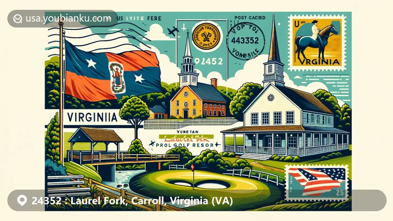 Modern illustration of Laurel Fork area in Carroll County, Virginia, featuring Olde Mill Golf Resort and Laurel Fork Primitive Baptist Church, integrating Virginia's state flag and postal elements with ZIP Code 24352.