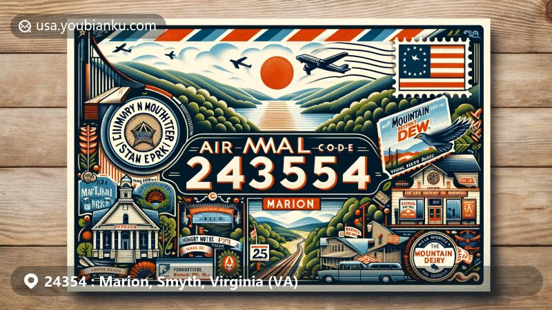 Modern illustration of Marion, Smyth County, Virginia, featuring air mail envelope with ZIP code 24354, showcasing Lincoln Theater, Hungry Mother State Park, and Mountain Dew connection.