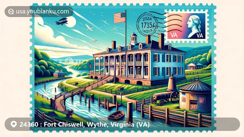 Modern illustration of Fort Chiswell, Wythe, Virginia, featuring The Mansion at Fort Chiswell, Greek Revival architectural details, New River fort site, and Virginia postal theme with ZIP code 24360.