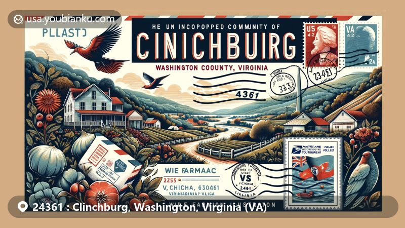 Modern illustration of Clinchburg, Washington County, Virginia, highlighting postal theme with ZIP code 24361, featuring vintage air mail envelope, Virginia state flag stamp, and local landscapes.