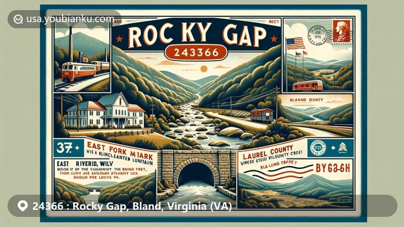 Modern illustration of Rocky Gap, Bland County, Virginia, featuring East River Mountain Tunnel, Appalachian landscape with Clear Fork, Laurel Fork, and Wolf Creek, and iconic Bland County Courthouse, presented as a vintage-style postcard with ZIP code 24366.